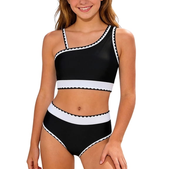 Tiijoy Girls Bikini Swimsuit Color Block Asymmetrical Bathing Suit Swimwear, 2-Piece