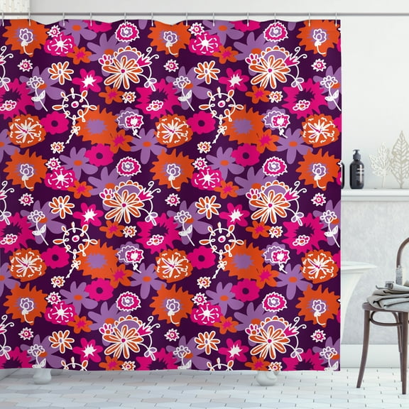 Floral Shower Curtain, Spring Flowers Retro Style Outlined with White Lines Illustration, Fabric Bathroom Set with Hooks, 69W X 75L Inches Long, Dark Purple Magenta Violet, by Ambesonne