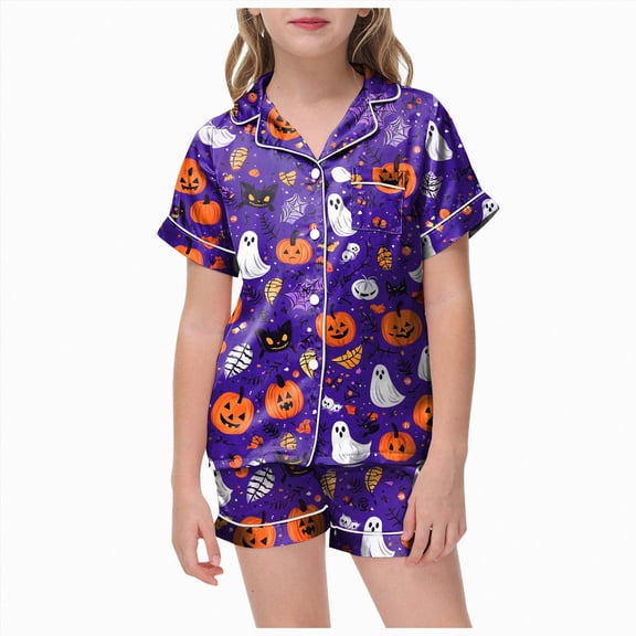 Kakishop Girls Pajama Sets Girls Satin Pajama Set Halloween Pumpkin Ghost Print Shirts and Shorts Short Sleeve Button Soft 2 Piece Outfits,Purple