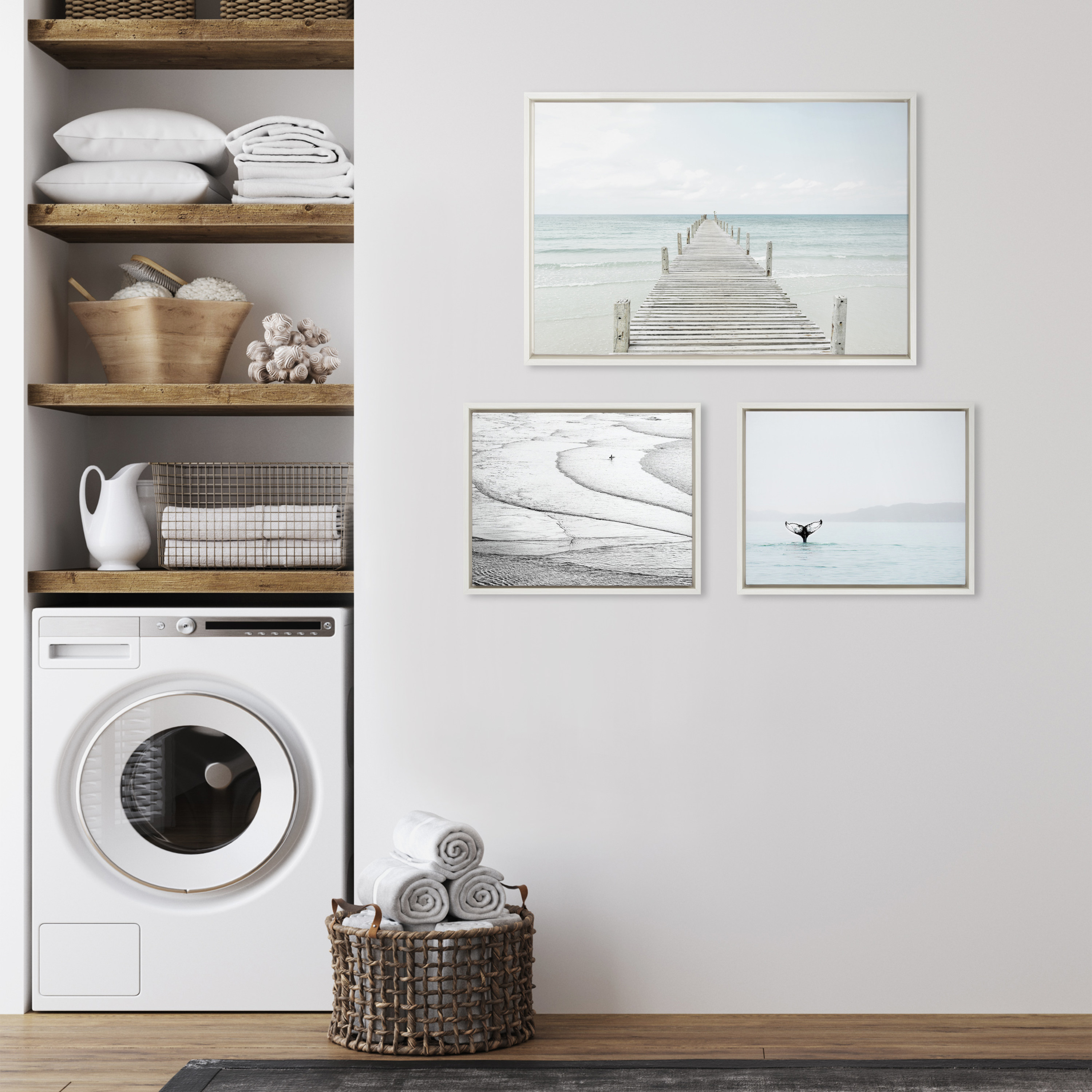 Kate and Laurel Sylvie Ocean Beach San Francisco, Whale Tail in the Mist and Wooden Pier on The Beach Framed Canvas Wall Art Set by Various Artists, Set of 3, 16x20 and 23x33 White, Coastal Art Set