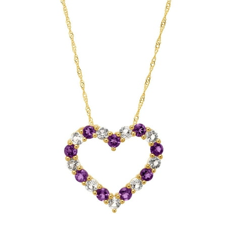 Diamond Open Heart Pendant - 1 1/4 ct Natural Amethyst & White Topaz Open Heart Pendant Necklace in 14kt Gold