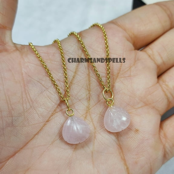 Genuine Rose Quartz Carved Necklace, Rose Quartz Shell Jewelry, Crystal Necklace, Dainty Gemstone Necklace, Valentine Day Gifts