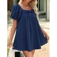 thumbnail image 2 of Dress for Women, Puff Short Sleeve Jean Dress Square Neck Denim Romper with Pockets Blue L, 2 of 4