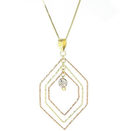 American Designs Jewelry 14kt Yellow, Rose and White Gold Tri-Color Diamond-Cut Twirling Intertwined Hexagon Geometric-Shape Bead/Ball Dangle Hanging Pendant Necklace, Adjustable 16-18 Chain