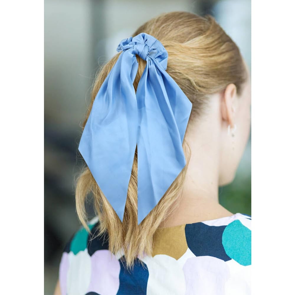 12 Pieces Solid Silky Satin Chiffon Hair Ties with Long Ribbon Bow Tail Hair Scrunchies Ponytail Holders Rubber Bands Accessories for Women Girls Teens