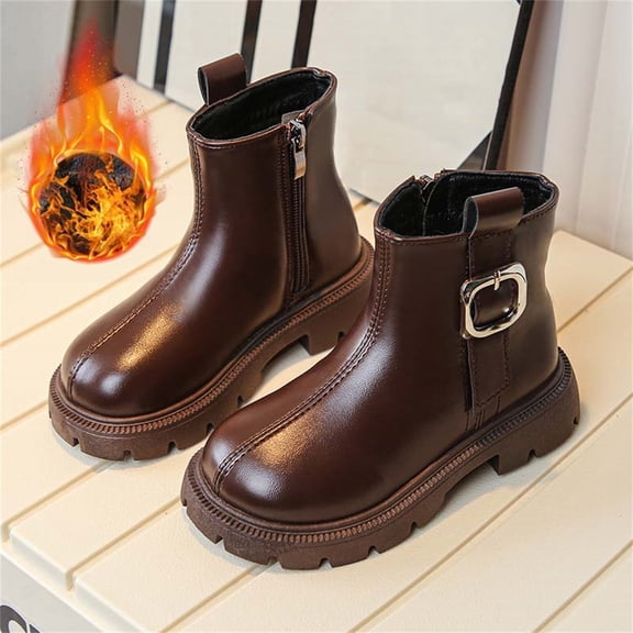 Girls Winter Ankle Boots Fleece Lined Warm Short Boots Soft Sole Casual Leather Martin Boots for Children Kids Toddler Brown Color