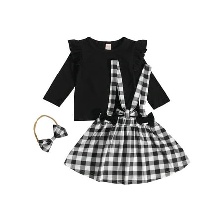 

3Pcs Girls Christmas Outfit Solid Color Fly Long Sleeve Tops+Plaid Suspender Skirt+Bow Headwear Set