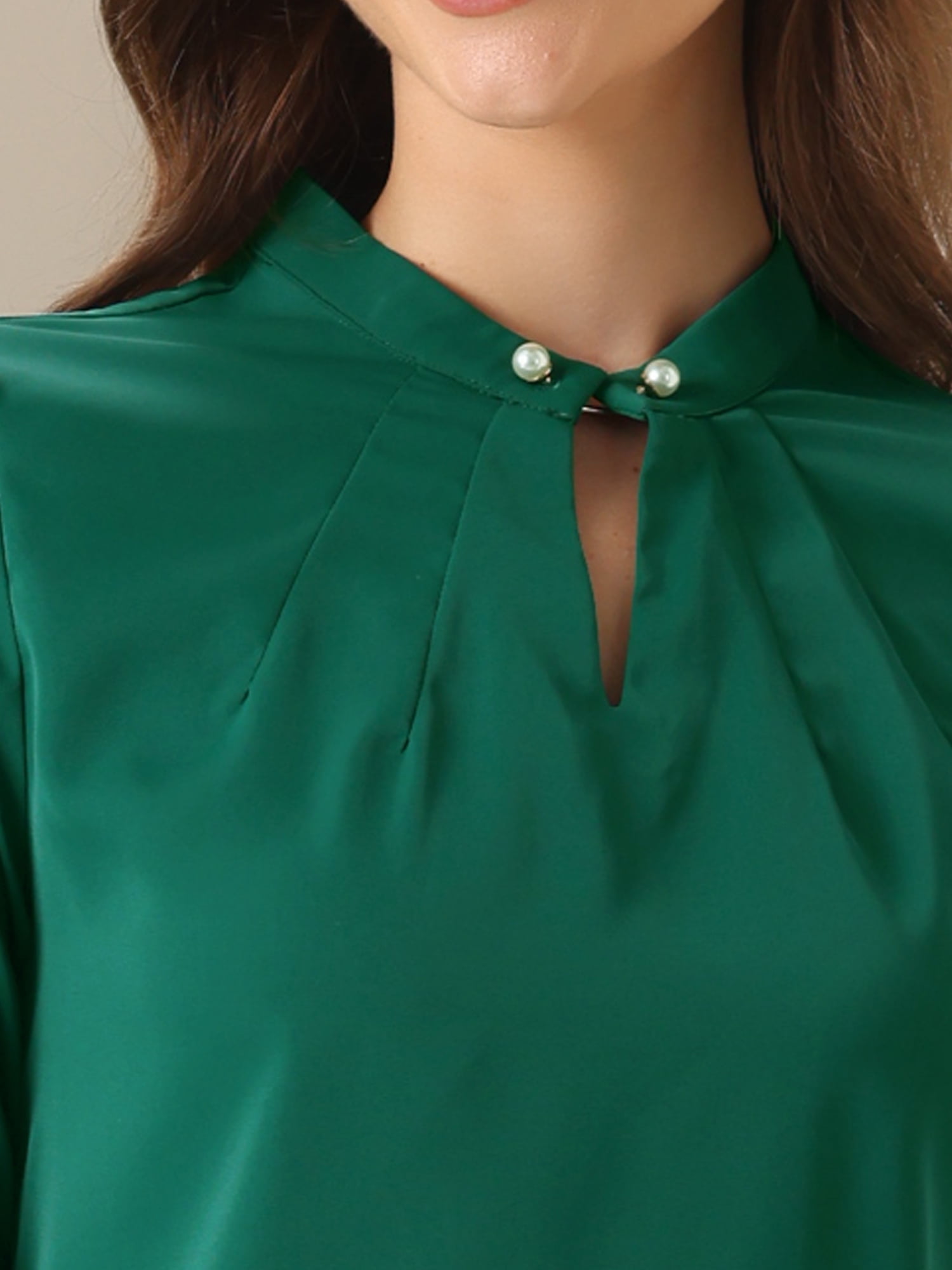 DARING DIVA Women's Pleated Mock Neck Pearl Decor Work Blouses L Dark Green