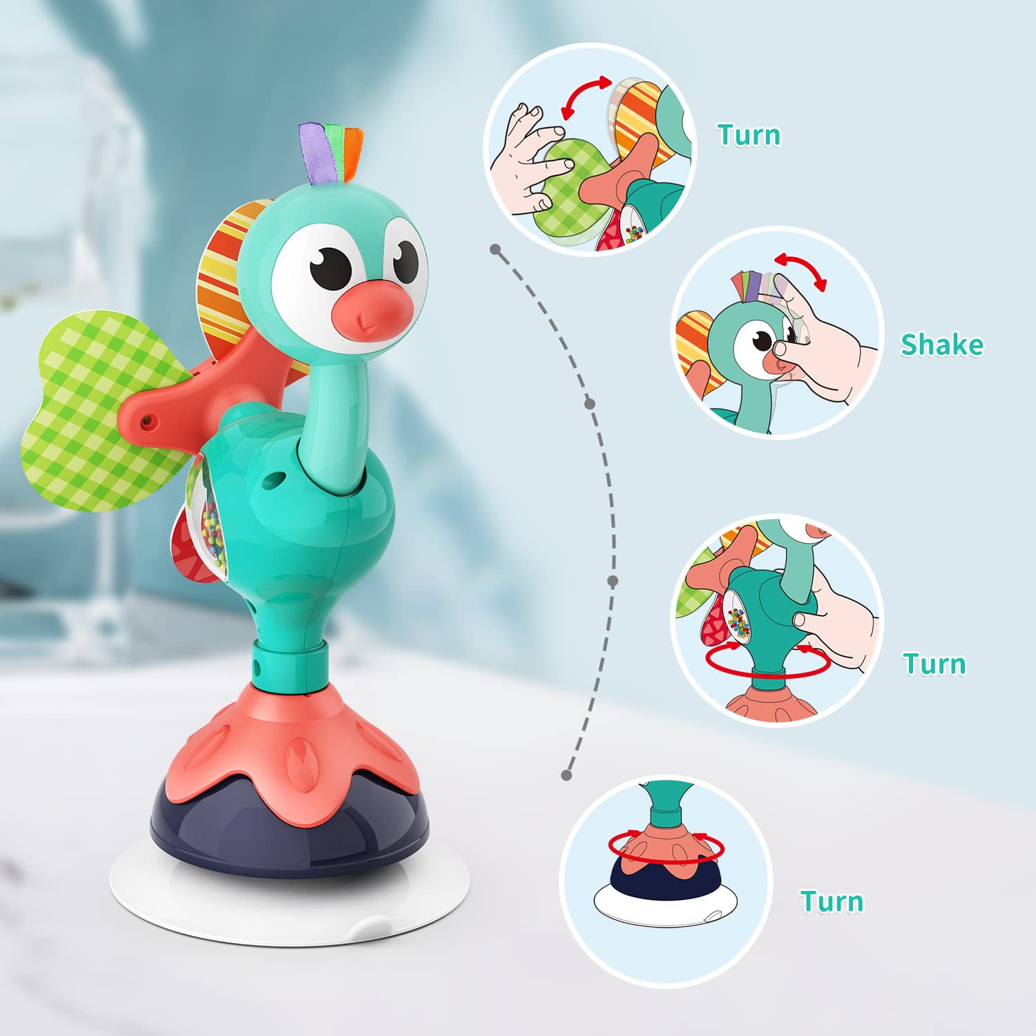 Baby High Chair Toy - For Suction Cup Rattle, Good For Early Baby Development, For Infants and Toddlers 6 Months+, (Peacock)