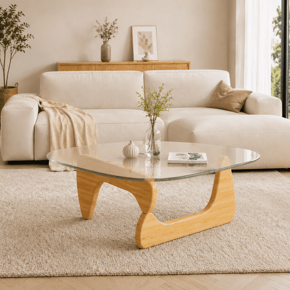 FORU Mid-Century Storage Triangle Glass Coffee Table with All the Components to Assemble the Unique Coffee Table, Walnut / Clear