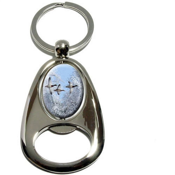 Winter Geese Ducks Flying, Snow Trees, Chrome Plated Metal Spinning Oval Design Bottle Opener Keychain Key Ring