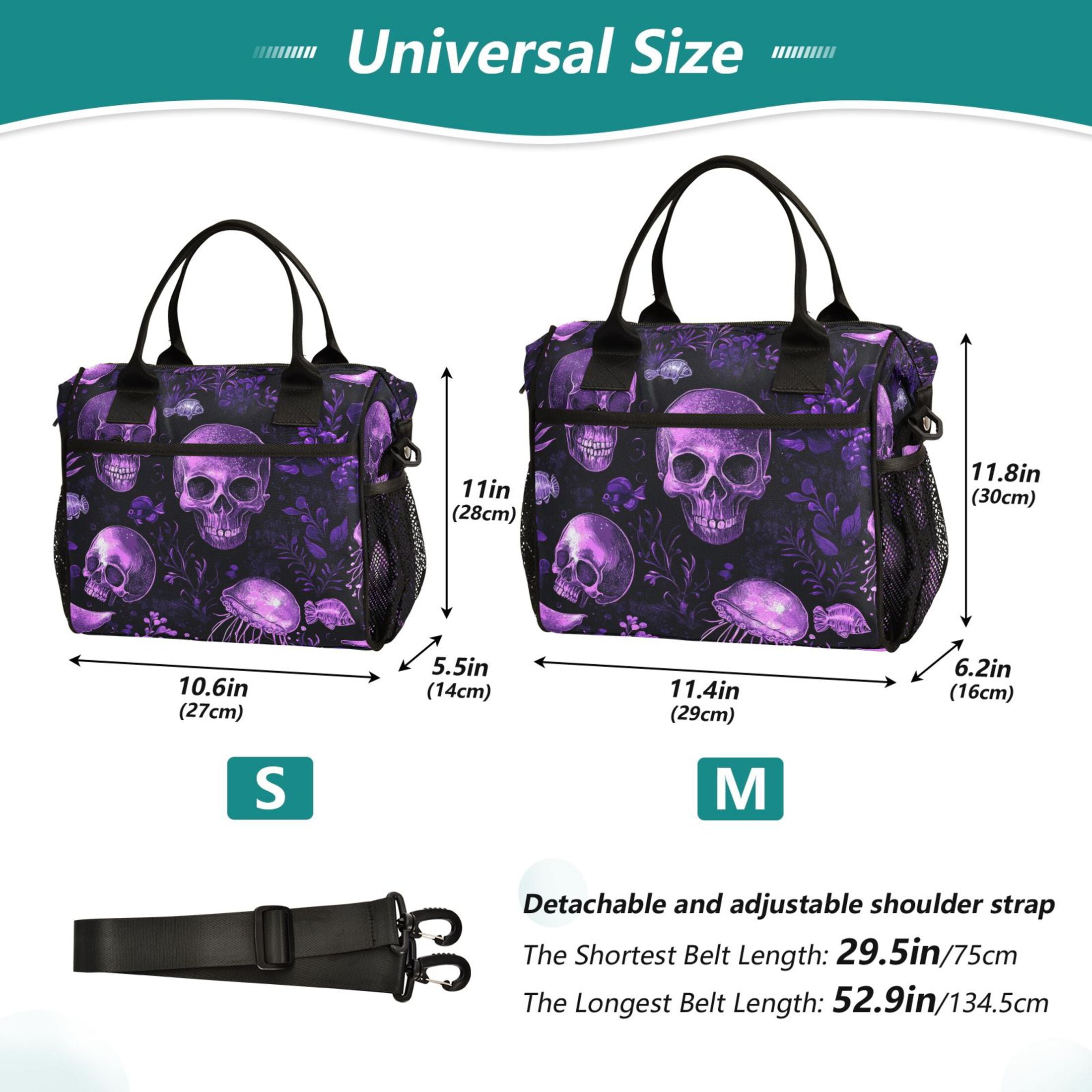 WOBOGO Skulls Jellyfish Purple Pattern Lunch Bag Large Capacity Leak Proof Insulation Soft Adult Men and Women Universal 11.8×11.4×6.2in