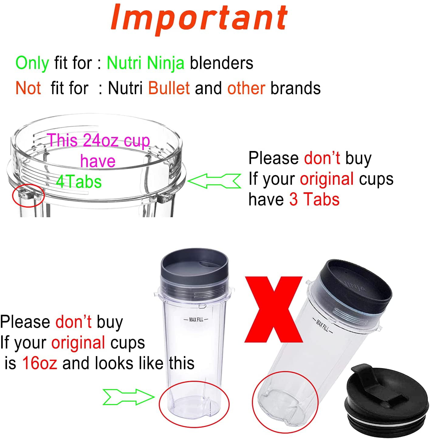Nutri Ninja Blender Replacement 24oz Cups w/ Sip & Seal Lids - Lot of 2