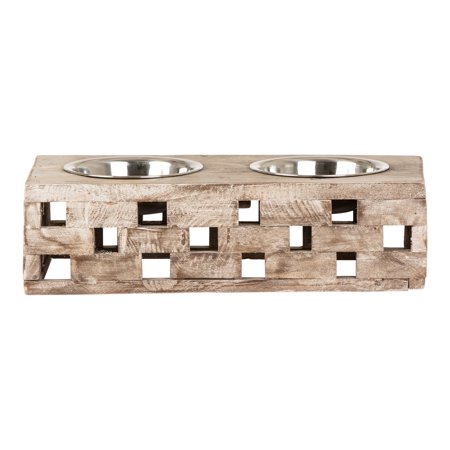 UPC: 0813807021440 | Huntley Pet Elevated Dog and Cat Double Bowl Feeder Stainless Steel Bowls (Berjen Block  Small)