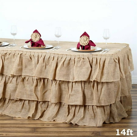 - 14ft Natural 3 Tier Rustic Ruffled Burlap Table Skirt For Outdoor Decoration