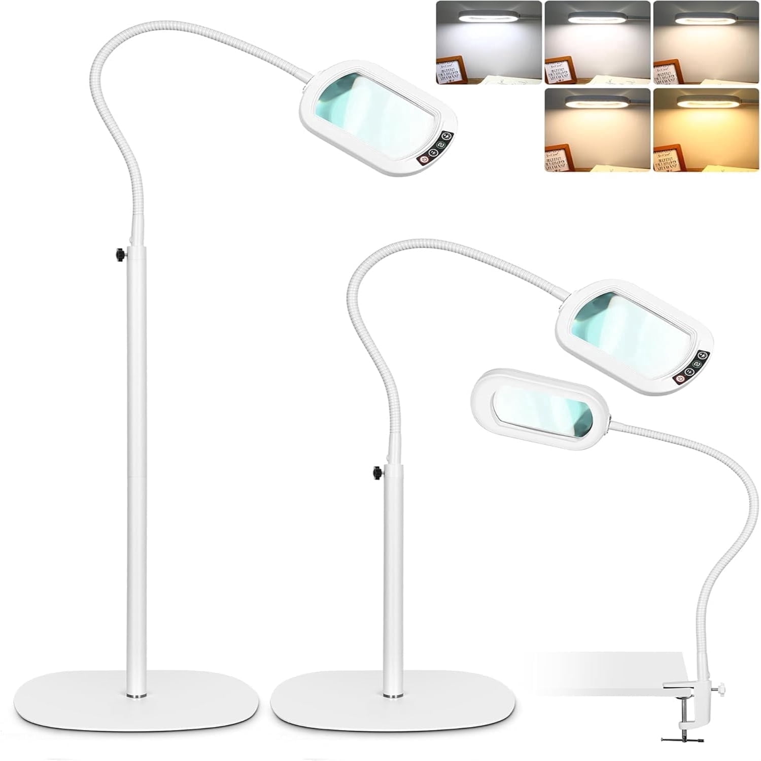 VISONHEART 24" Flexible Gooseneck Floor Lamp, 3-in-1 Magnifying Glass with Light and Stand, 5 Color Modes Stepless Dimmable, LED Lighted Magnifier Light for Reading Crafts