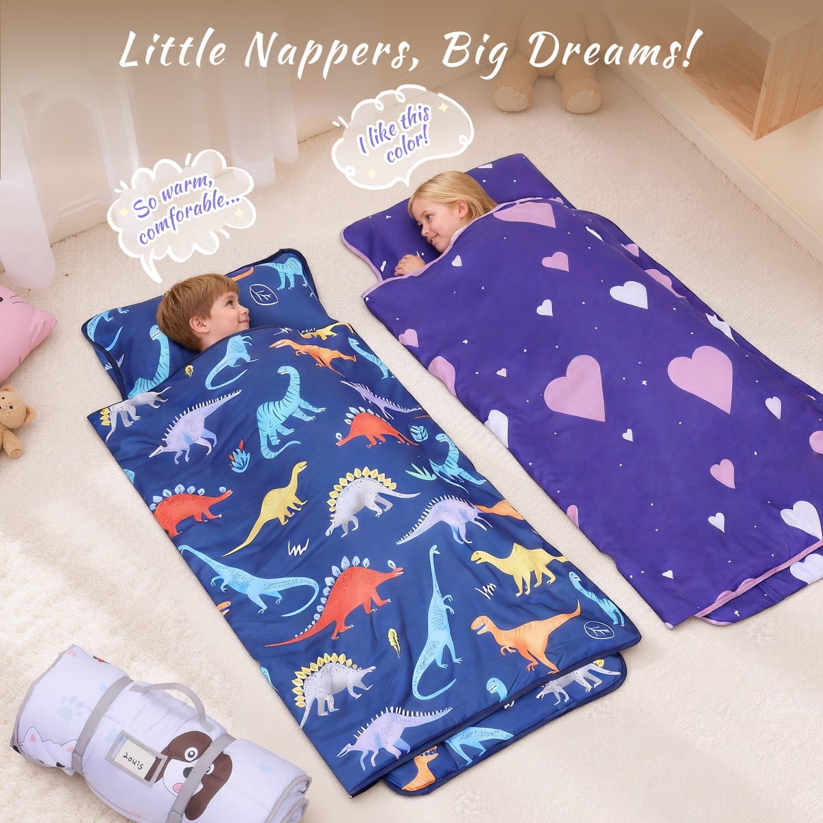 Toddler Nap Mat, Caveen Sleeping Bag with Blanket and Removable Pillow, Portable Slumber Bags for Daycare and Travel, Easy to Roll, 55"x22", Purple