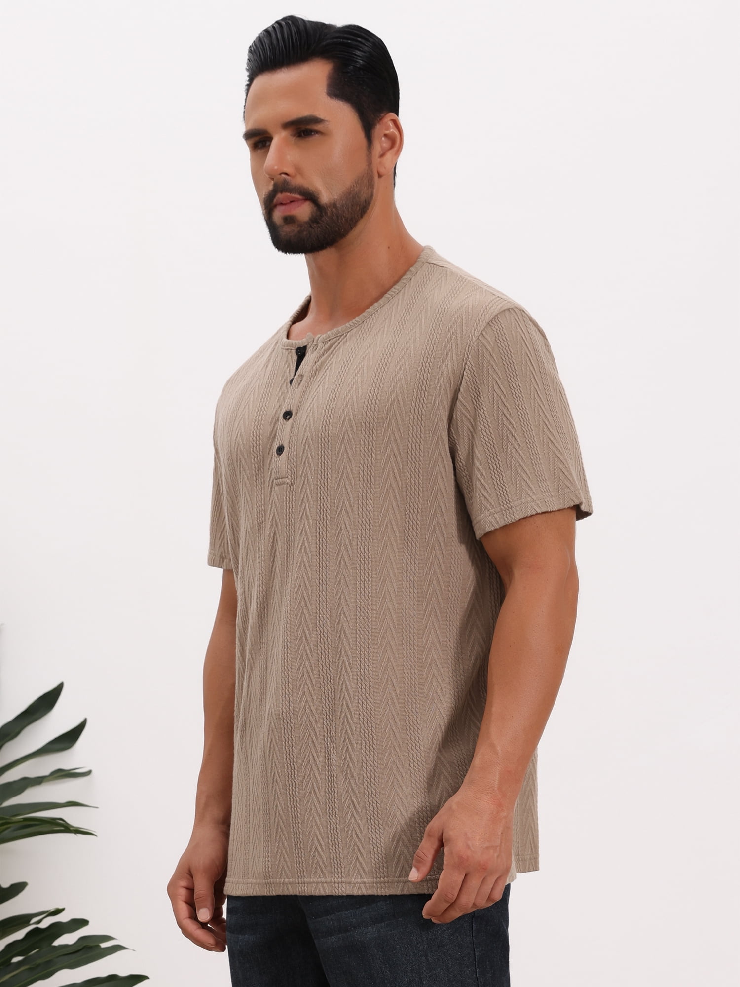 DARING DIVA Men's Henley Short Sleeve Button Down Jacquard Knitted T-Shirt L Khaki