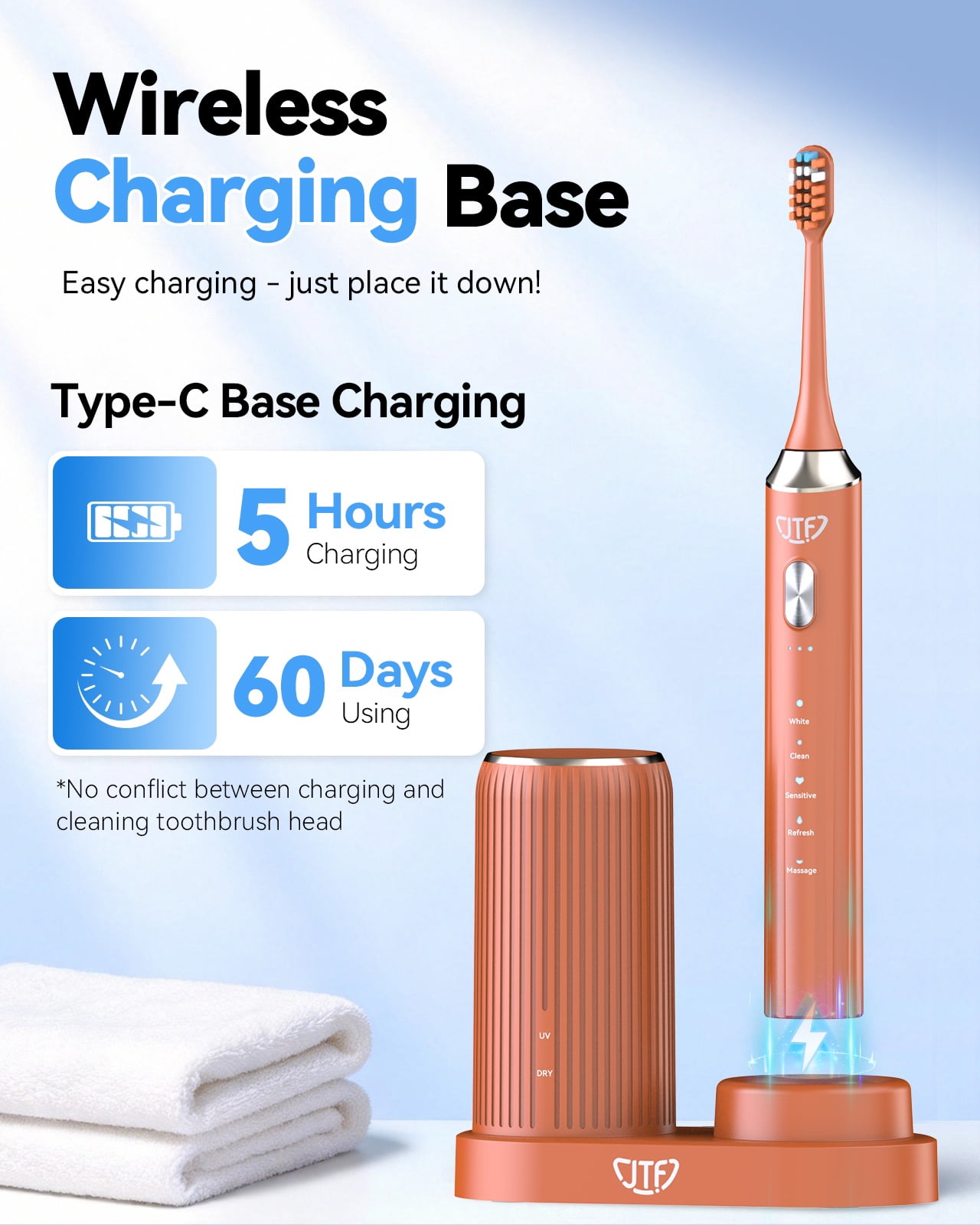 JTF Sonic Electric Toothbrush with UV & Drying: 5 Customized Modes for Effective Yet Gentle Cleaning –with 8 Brush Heads, Rinse Cup, Wireless Charging Base, Rechargeable for Daily Care, Home & Travel
