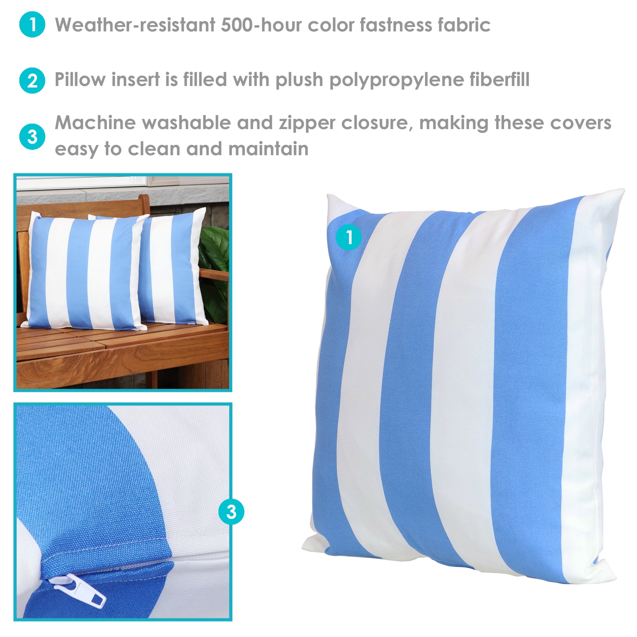 Sunnydaze 17" x 17" Beach-Bound Stripe Polyester Square Outdoor Throw Pillow, 2 Count