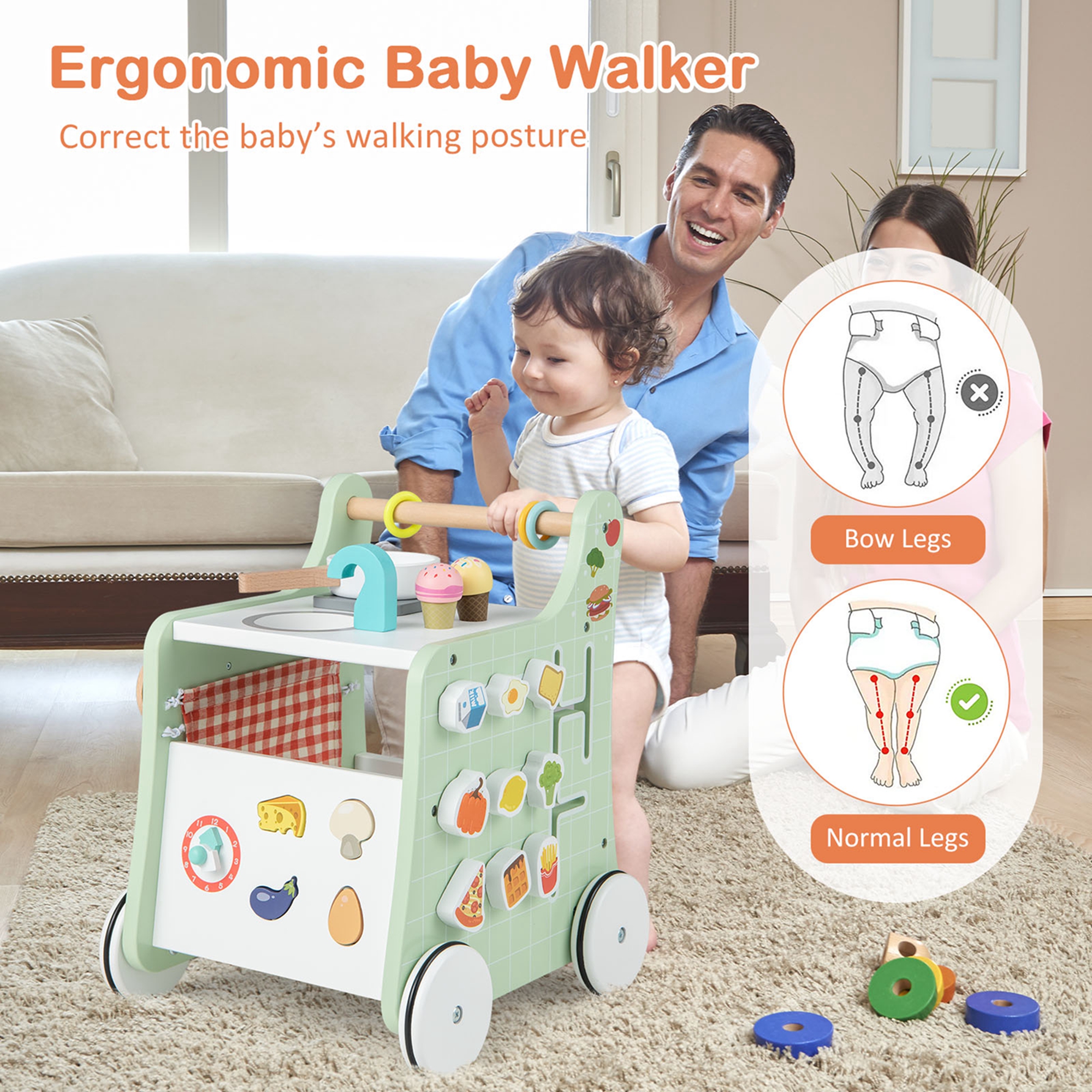Costway 6-in-1 Baby Push Walker Wooden Strollers Learning Activity Center Toy with Kitchen 12+ months+ Green