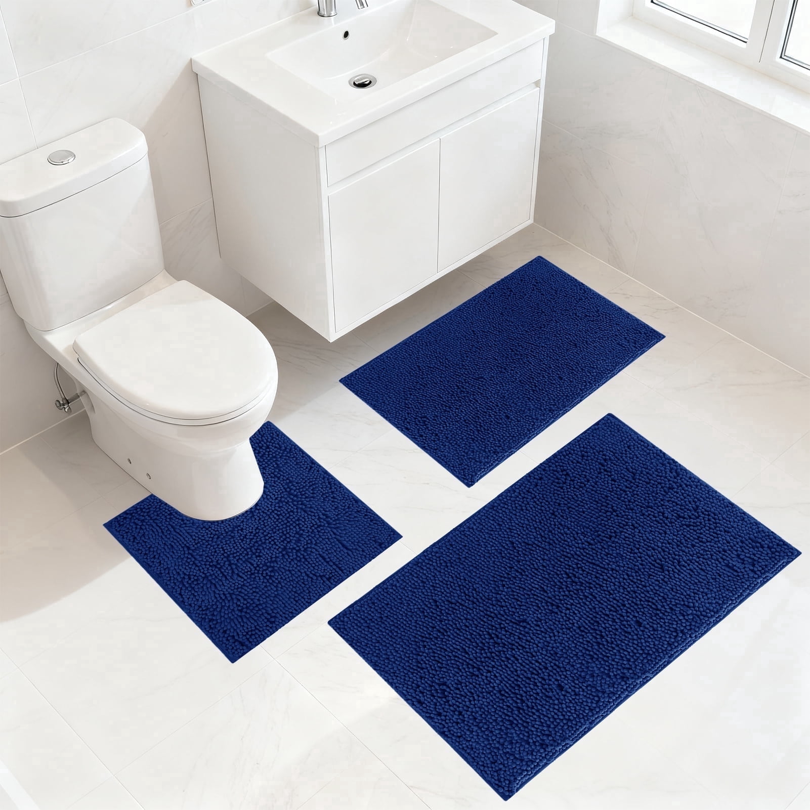 3 Pieces Bath Mat Set, Soft Chenille Bathroom Rugs Mat, Absorbent Spa Shaggy Bath Rugs Set, Machine Washable & Non Slip Bath Mats for Bathroom, Tub, Shower（Blue）