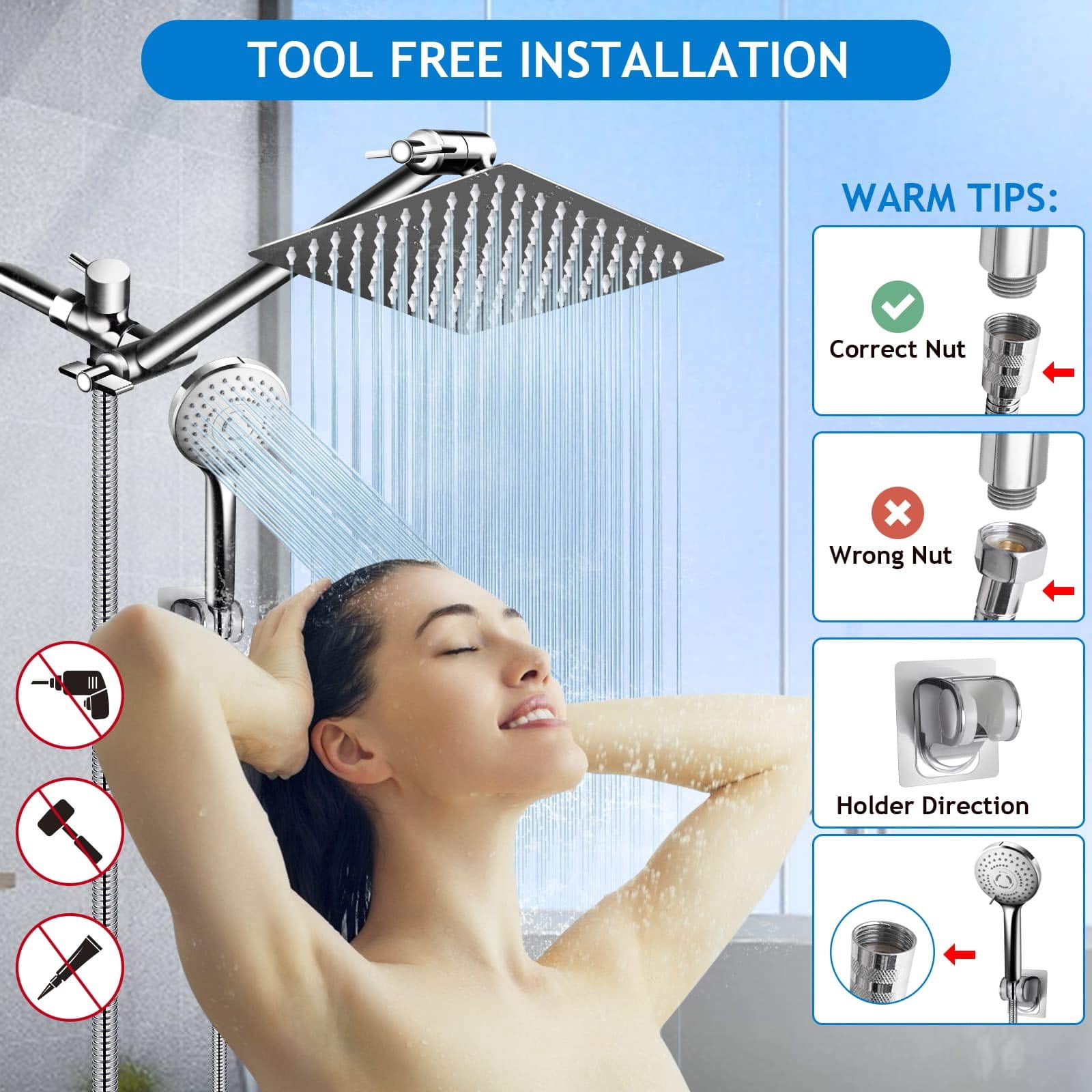 Shower Head Combo 8 Inch High Rain With 11 Adjustable Extension Arm And 5 Settings Handheld Spray Against Low Water Long Hose