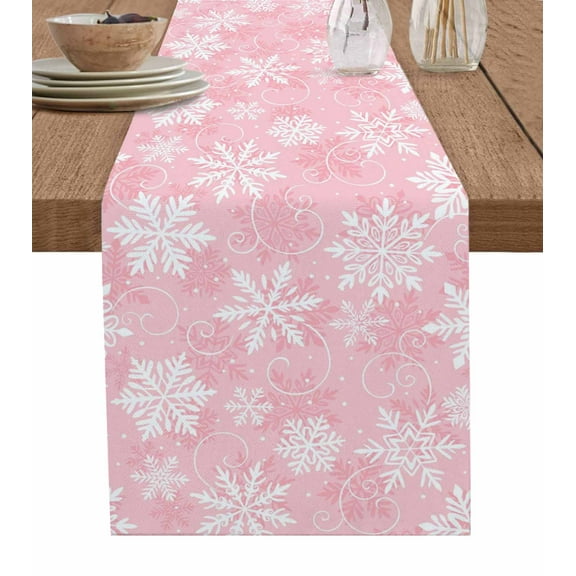 Table Runners 36 Inches Long Dress Scarves, Pink Snowflake Christmas Farmhouse Kitchen/Dining Table Runner, Short Coffee Tablerunners, Xmas Winter Abstract Art 13x36 Inch