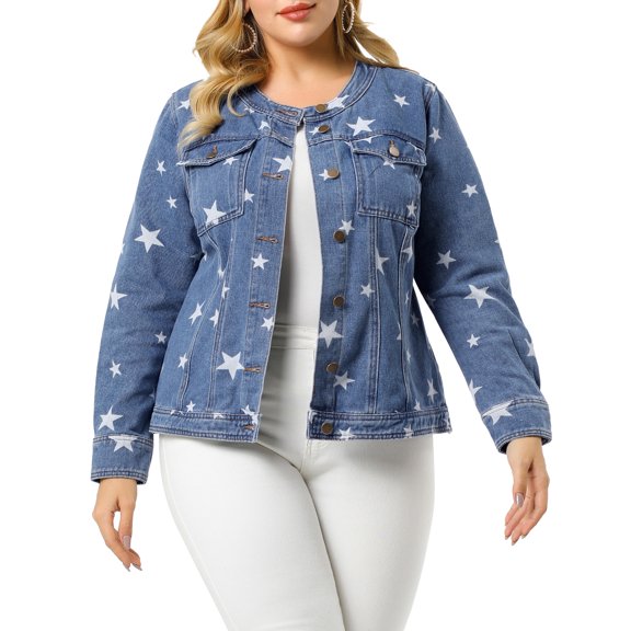Agnes Orinda Women's Plus Size Long Sleeves Collarless Denim Jacket