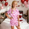 thumbnail image 2 of Toddler Satin Pajamas for Girls Heart Print Short Sleeve Button Down Nightwear with Shorts Set Holiday Outfits 4-5 Years Toddler Pajamas Girls, 2 of 4