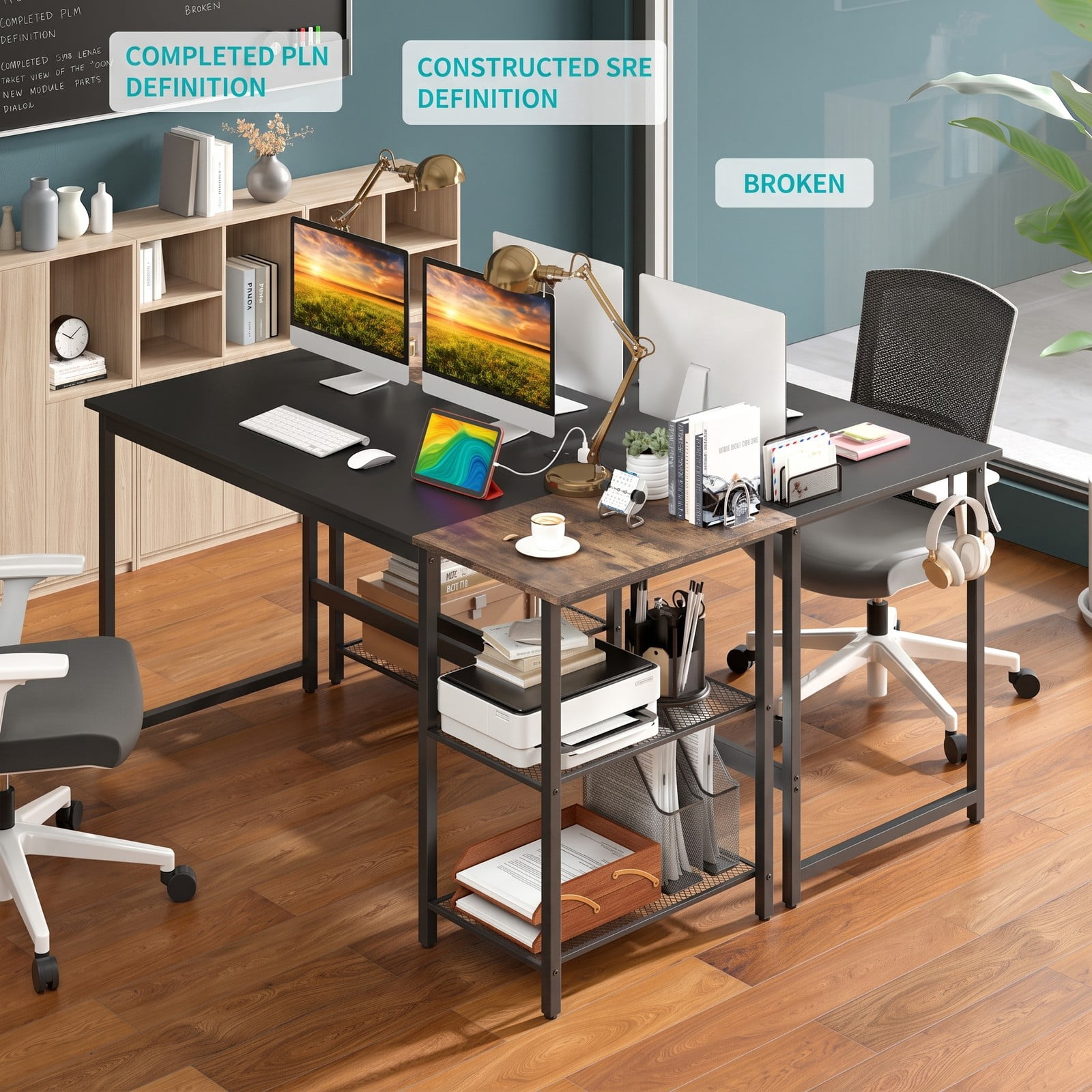 Furnibear 59 Inch Computer Desk with Charging Station, Home Office Writing Desk with 2-Tier Storage Shelves, Metal Frame Study Desk with USB &, Black & Rustic Brown