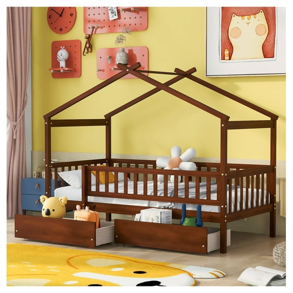 Twin Wooden House Bed with 2 Drawers, Walnut