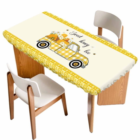 Bee Truck Table Cloths for 4 Foot Rectangle Tables, Yellow Honey Daisy Floral Patterned Plaid Patio Waterproof Elastic Fitted Tablecloths, Washable Rectangular Table Cover for Camping