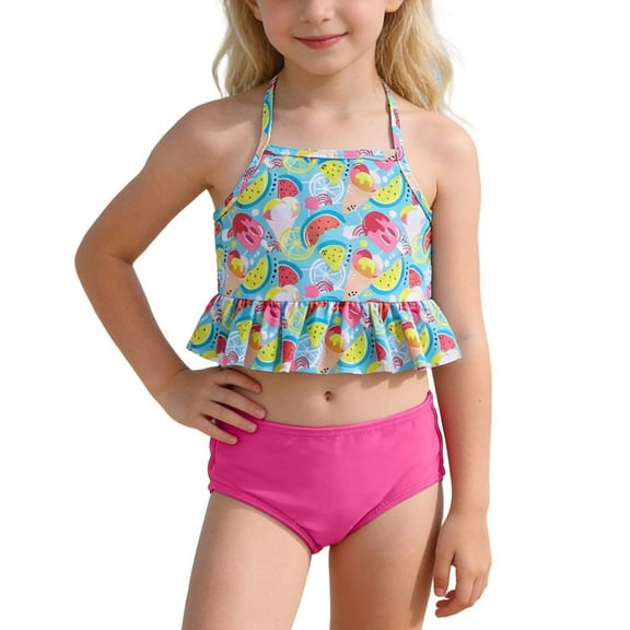 TrendOFT Girls Swimsuit Two Piece Summer Cartoon Printed Bowknot Swimwear For Beach Pool Surfing Girl Bathing Suit Hot Pink