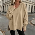 thumbnail image 2 of aohooy Womens Oversized Split Seam Sweatshirt Fall Loose Pullover V Neck Long Sleeve Top for Travel School Going Out Daily Wear Khaki,XL, 2 of 8