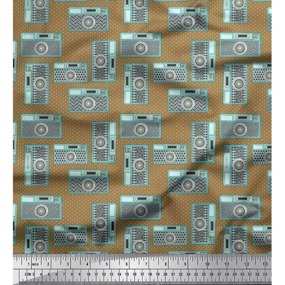 Soimoi Brown Rayon Crepe Fabric Camera & Dots Fabric Prints By Yard 46 Inch Wide