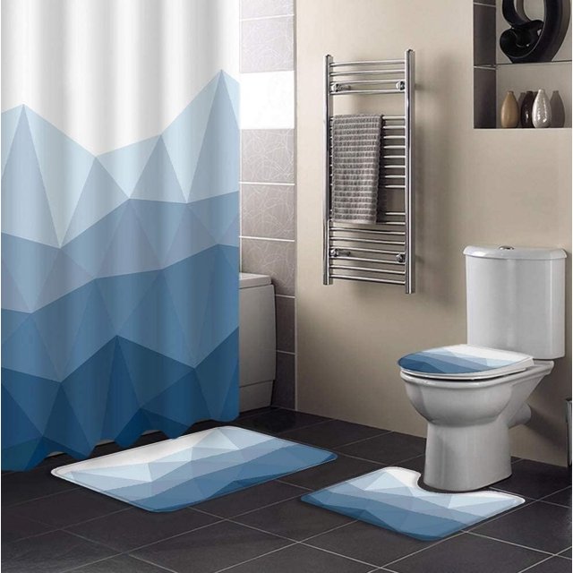 Juego de 4 cortinas de ducha con diseño geométrico abstracto en forma de triángulo con alfombrillas antideslizantes, tapa de inodoro y alfombrilla de baño, cortina de ducha con degradado azul y 15
