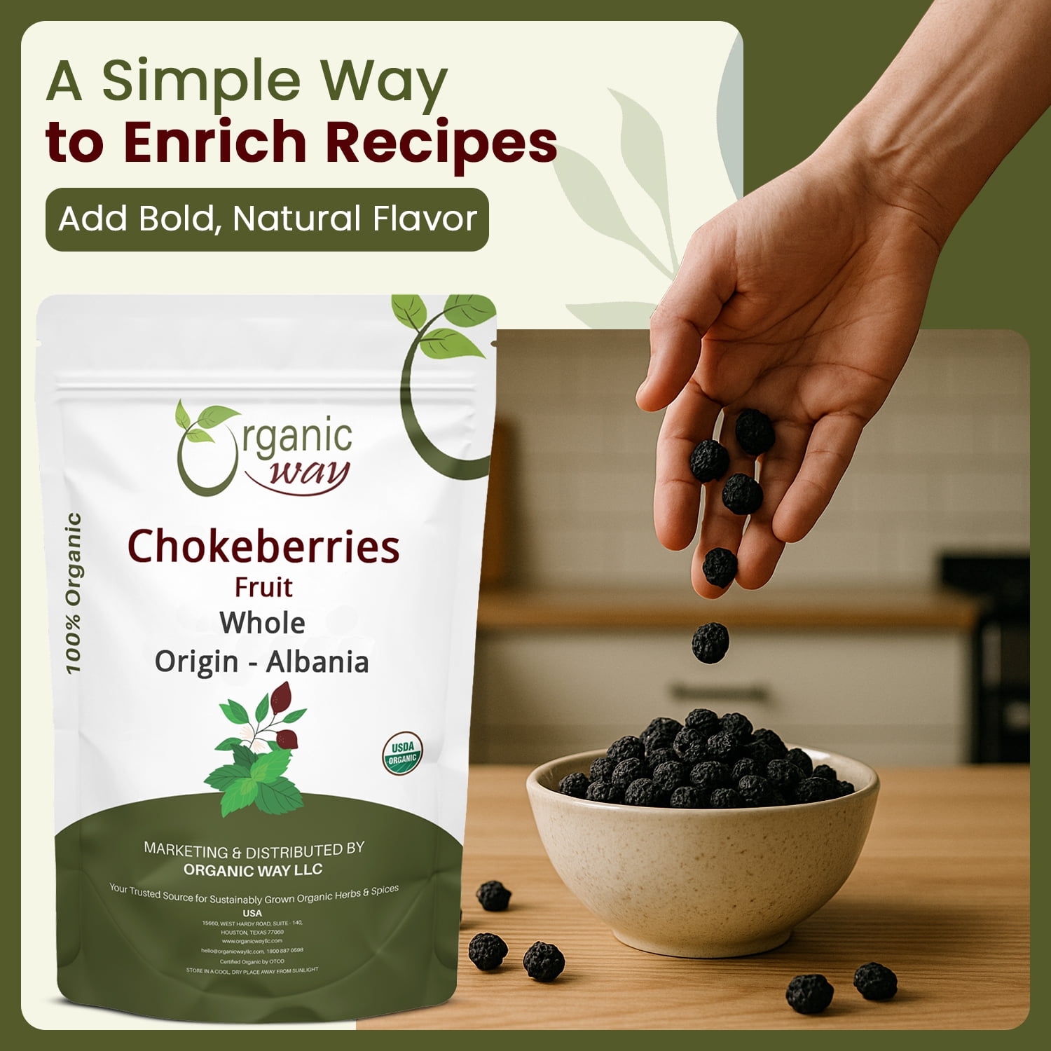 Organic Way Chokeberries Fruit/Aronia Berry Whole (Aronia Melanocarpa) - European Wild-Harvest | Organic & Kosher Certified | Non GMO & Gluten Free | USDA Certified | Origin - Albania (1 lbs / 16 oz)