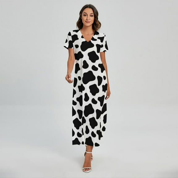 Black And White Cow Printed Short Sleeve Maxi Dress, Farmer Gifts Fashion Summer Maxi Dress For Women