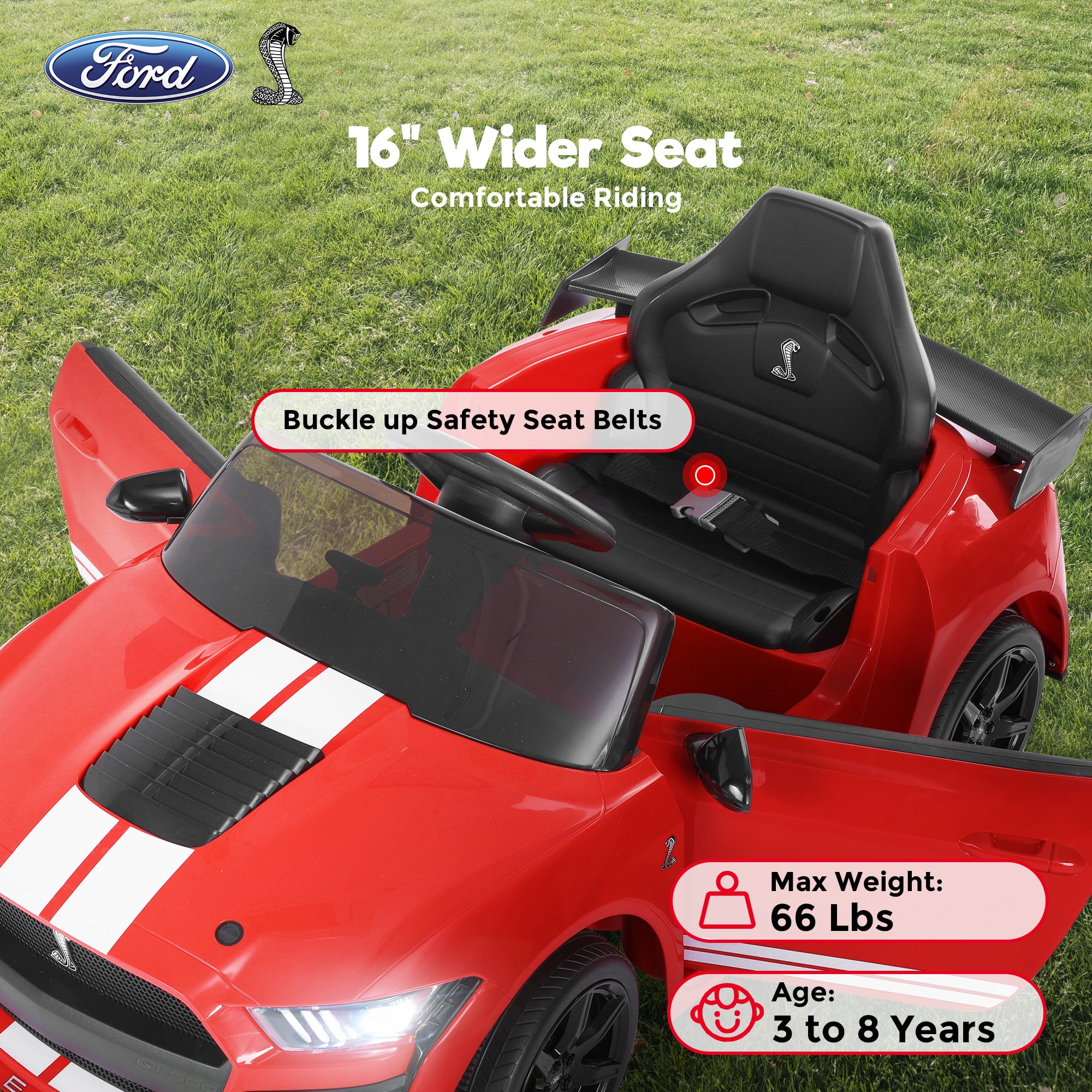 FUNTOK Licensed Ford Mustang GT500 12V 7AH Kids Electric Ride on Car Toy,16" Seater Battery Powered Car Truck with Remote Control,Bluetooth,3 Speeds,LED Headlight,Music Player & Spring Suspension