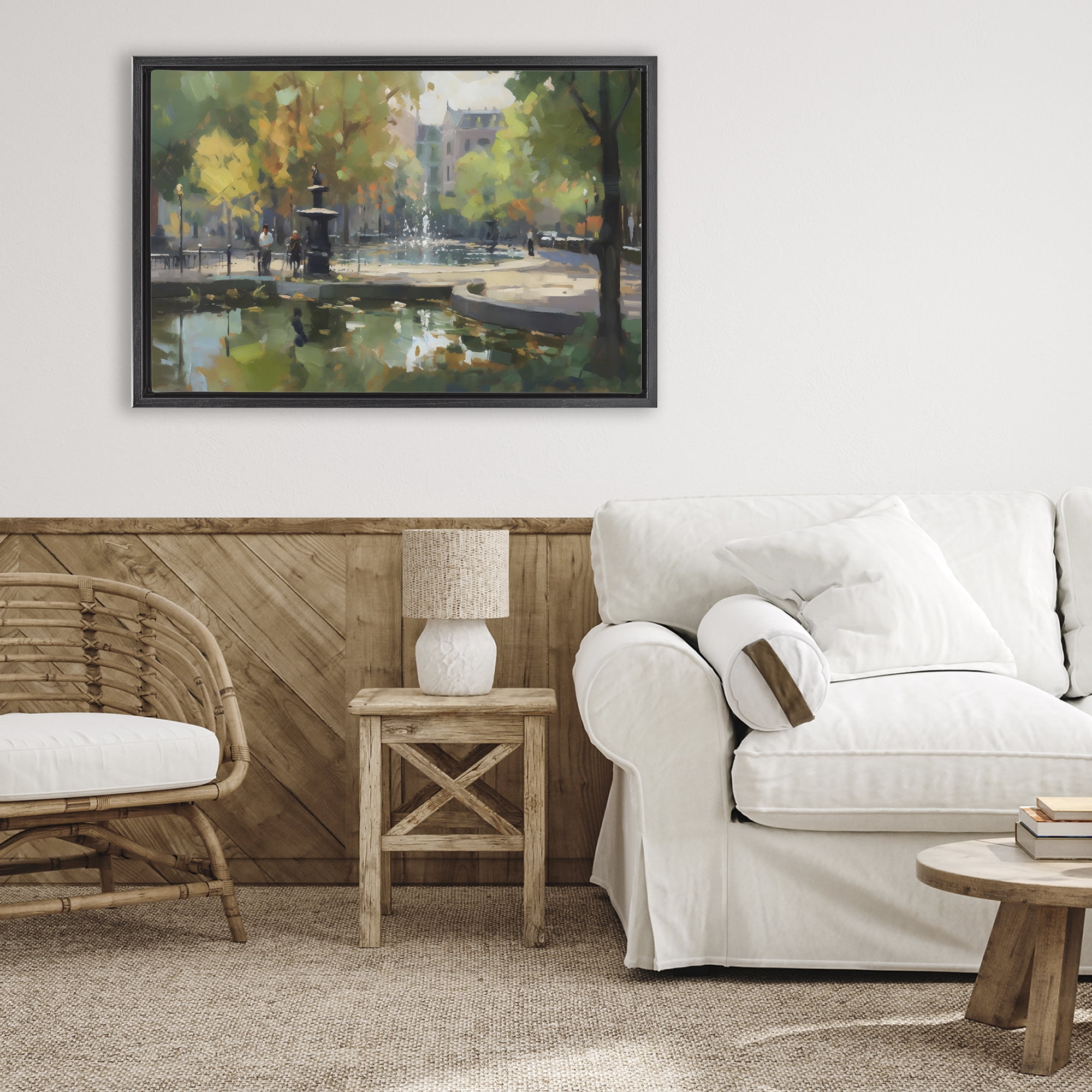 Stupell Industries Autumn Reflections at Park Fountain Black Framed Floater Canvas Wall Art, design by Creative Studio