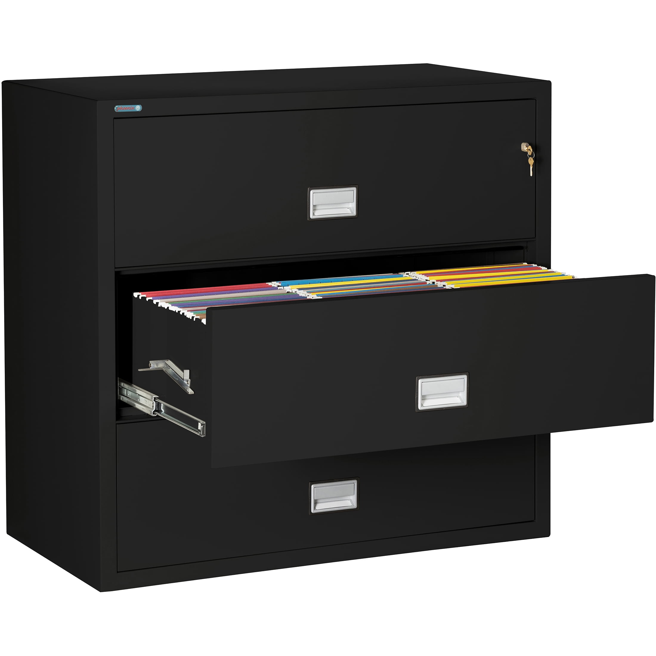 Phoenix Safe Lateral 44 inch 3-Drawer Fireproof File Cabinet with Key Lock, Water Seal, Black, LAT3W44B