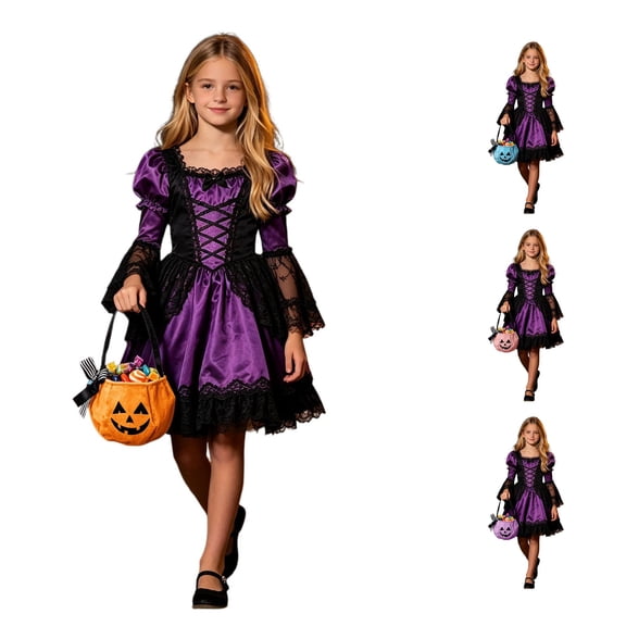 CUZIBR Girls Witch Halloween Costume Dress Puff Long Lace Sleeve Gothic Lace Up Swing Dress Kids Halloween Party Cosplay Outfits,Orange,One Size