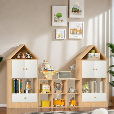 MIDOQIN Kids Bookshelf with Reading Nook, Wooden Kids Bookcase with Detachable Cushions, Toy Storage Organizer  Toddlers Playhouse Cabinet Shelf