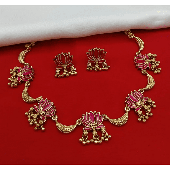 Traditional Pink Lotus Design Gold-Plated Necklace Set with Earrings for Women – Ethnic Indian Jewelry