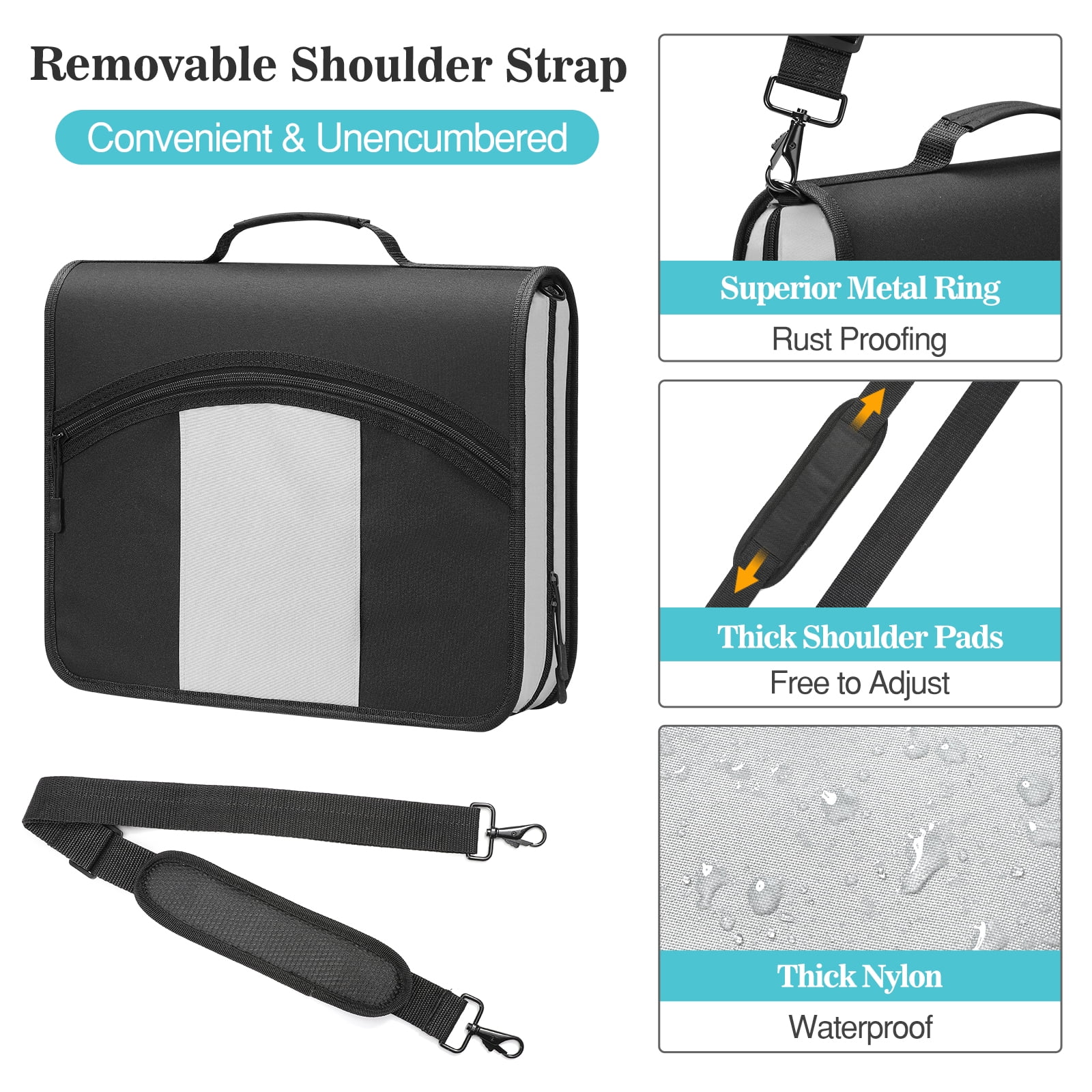 MoKo Zipper Binder, 3 in 3 Ring 600 Sheet Capacity Binder Organizer with Shoulder Strap, School Supplies, Black