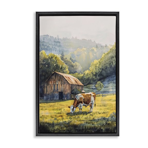 Stupell Industries Farmhouse Brown Spotted Cow Grazing Black Floating Frame Canvas Art, 17 x 25, by Franklyn Gregory