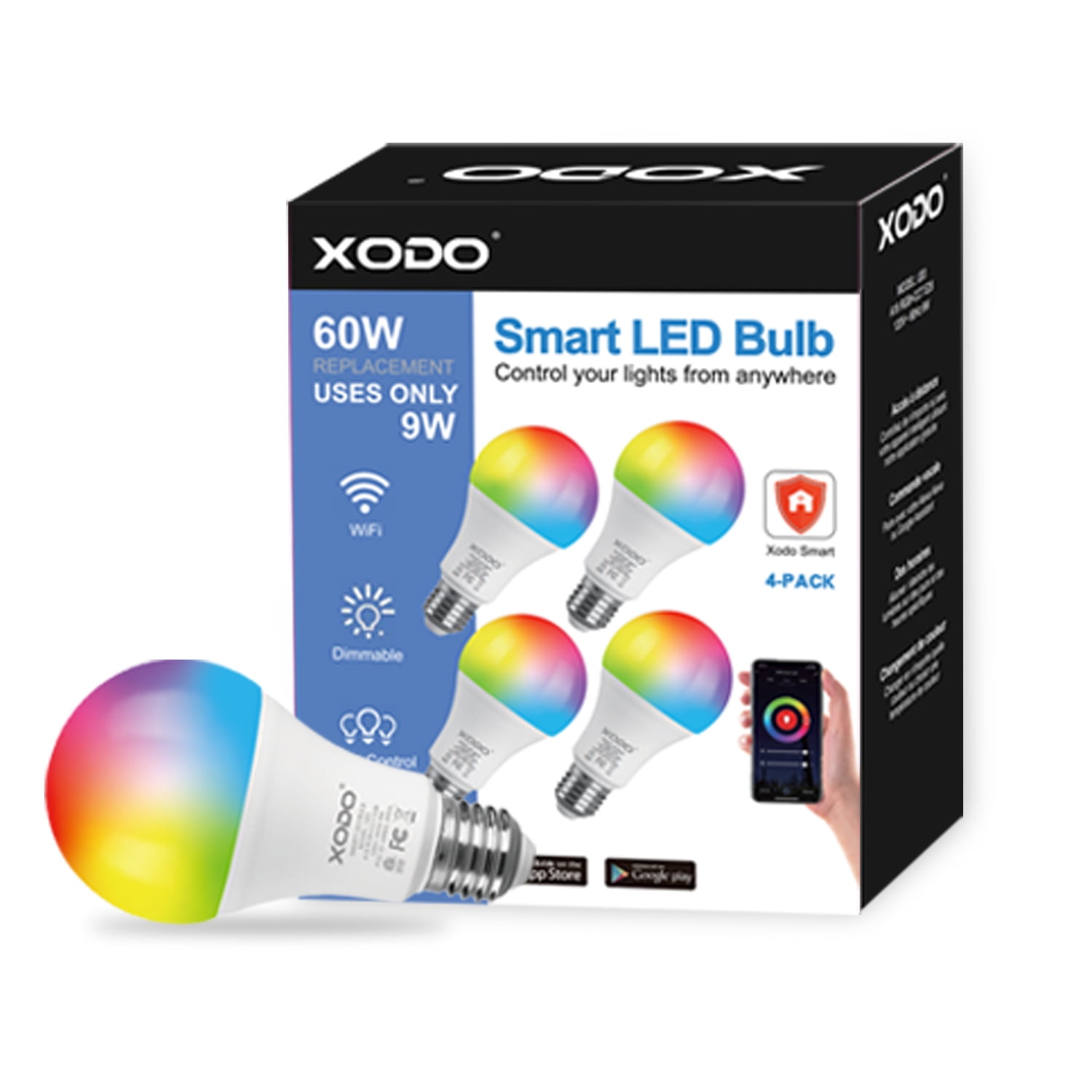 XODO Smart Light Bulb, Color Changing Wi-Fi LED Light Bulbs with App and Voice Control, 4-Pack