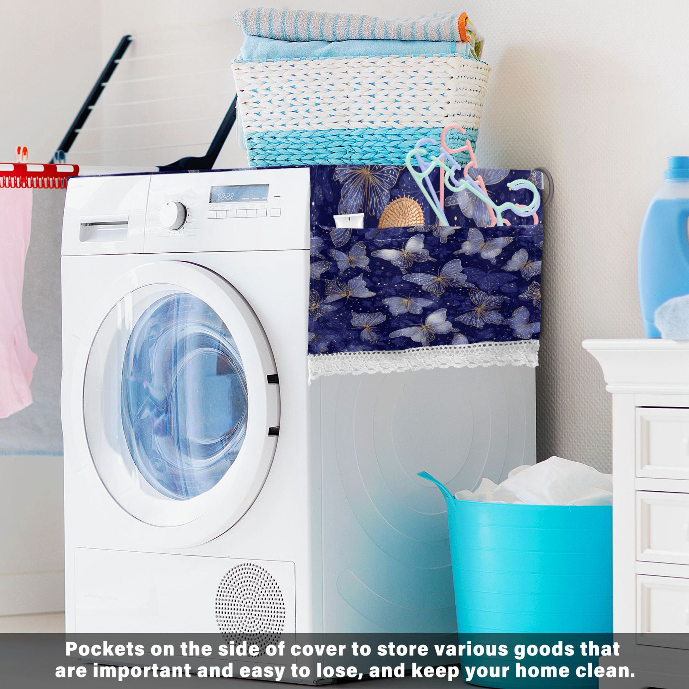 Wobogo Deep Blue Butterfly Washing Machine Cover Dustproof Washer Dryer Cover Waterproof Laundry Room Decorative Protector