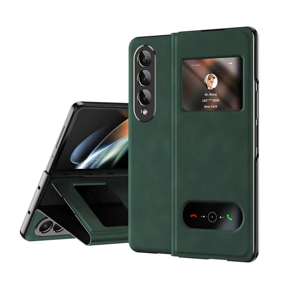 MonsDirect for 7.6 inch Samsung Galaxy Z Fold 3 5G 2021 Case, Nappa Leather with Flip Folding Magnetic Face Cover, Window Design with Hidden Kickstand Full Protective Case for Galaxy 3, Nappa Green